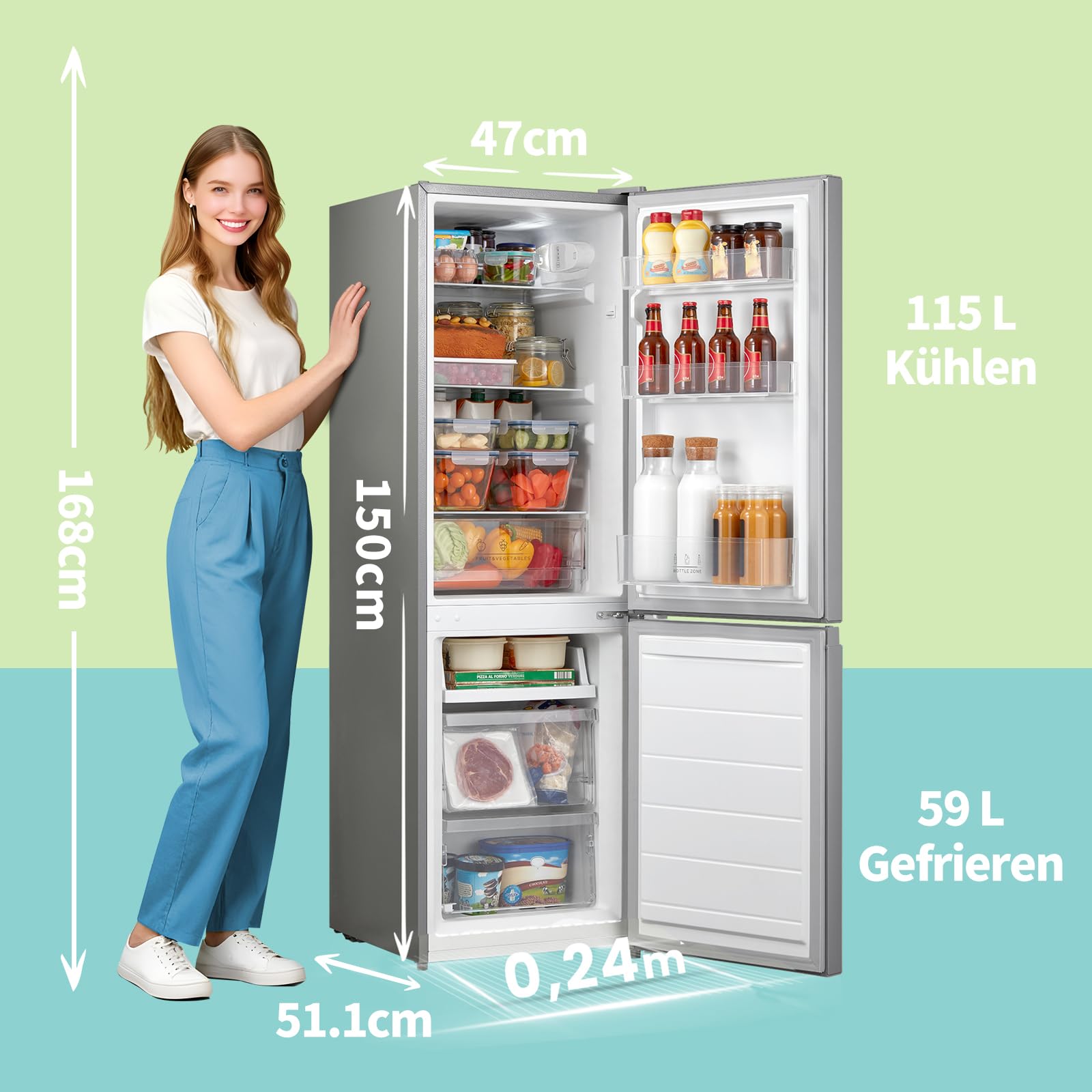 Comfee‘ Kühlschrank mit Gefrierfach 174L, EEK D, Höhe 150cm, Kühl-Gefrierkombination-115L Kühlteil, 59L 4 Sterne Gefrieren -24℃, 156 kWh/Jahr, Low Frost für kleine Wohnungen, Büros, RCB169DS3 Silber 2