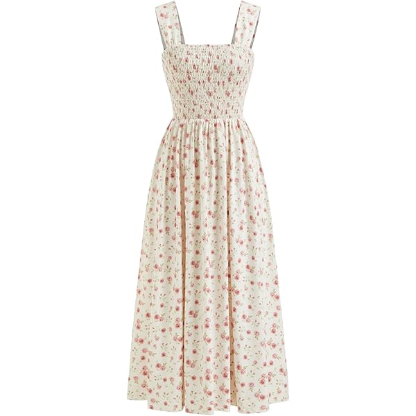 Amazon.com: CIDER Summer Floral V Neck Maxi Dress Vacation Beach Sleeveless  Cotton Shirred Mid Waist Dress Cream : Clothing, Shoes & Jewelry