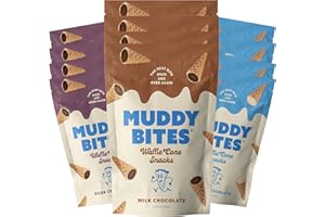 Muddy Bites Waffle Cone Snacks Bite Sized Chocolate Filled Waffle Cones for Snack or Dessert, Ice Cream Topping, Premium Chocolate made with Pure Cane Sugar, Non-GMO, Kosher (Variety Pack, 12 Bags)