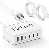USB C Charger Block,120W GaN 6 Port Type C Fast Charging Station Hub,5FT Cord USB C Wall Charger Adapter Plug for iPad, iPhone 17, 16, 15, 14, 13, 12 Pro Max, Pixel, Galaxy and More