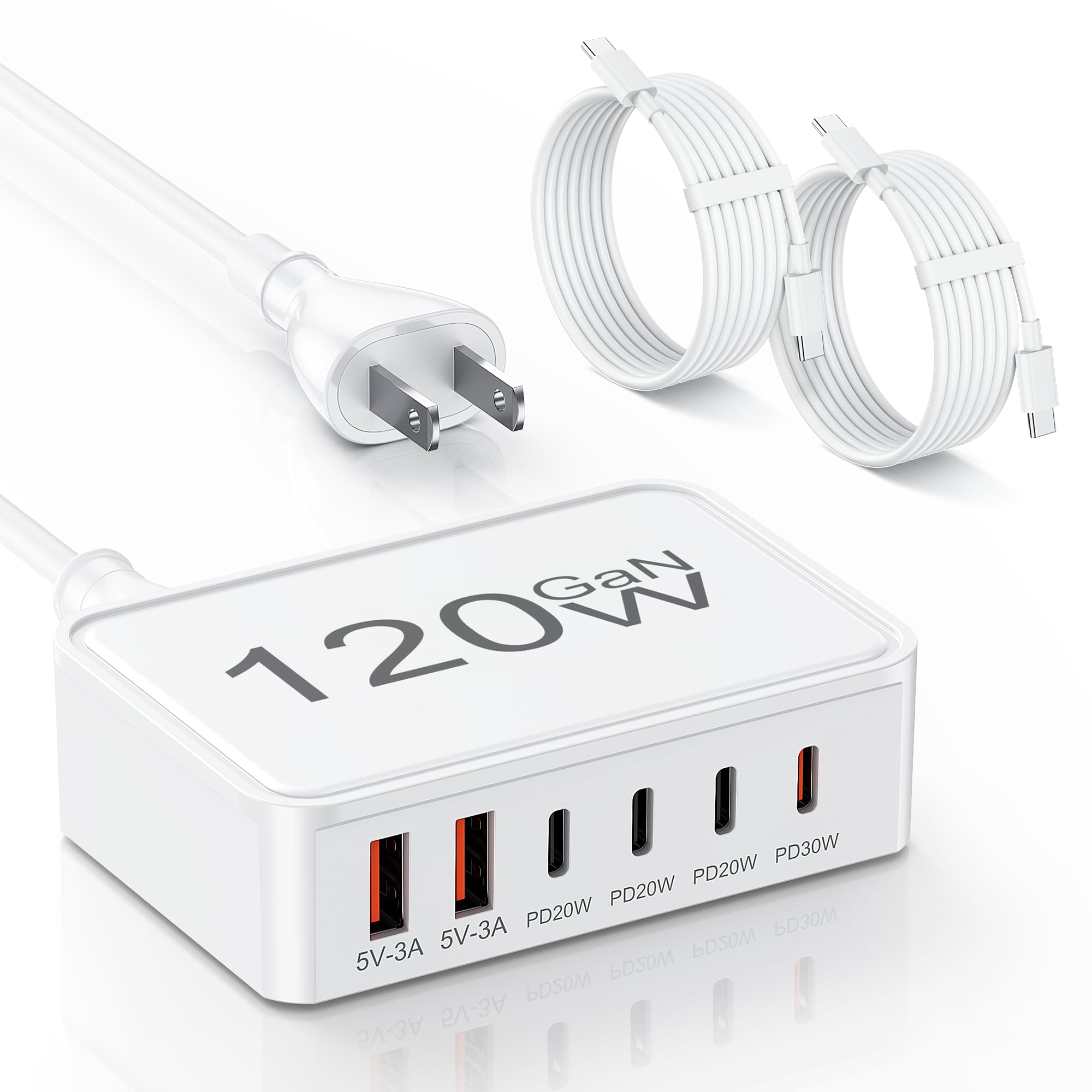 USB C Charger Block,120W GaN 6 Port Type C Fast Charging Station Hub,5FT Cord USB C Wall Charger Adapter Plug for iPad, iPhone 17, 16, 15, 14, 13, 12 Pro Max, Pixel, Galaxy and More