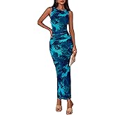 MASCOMODA Womens Bodycon Summer Dresses 2026 Sleeveless Floral Mesh Maxi Dress Side Slit Ruched Long Party Cocktail Dresses