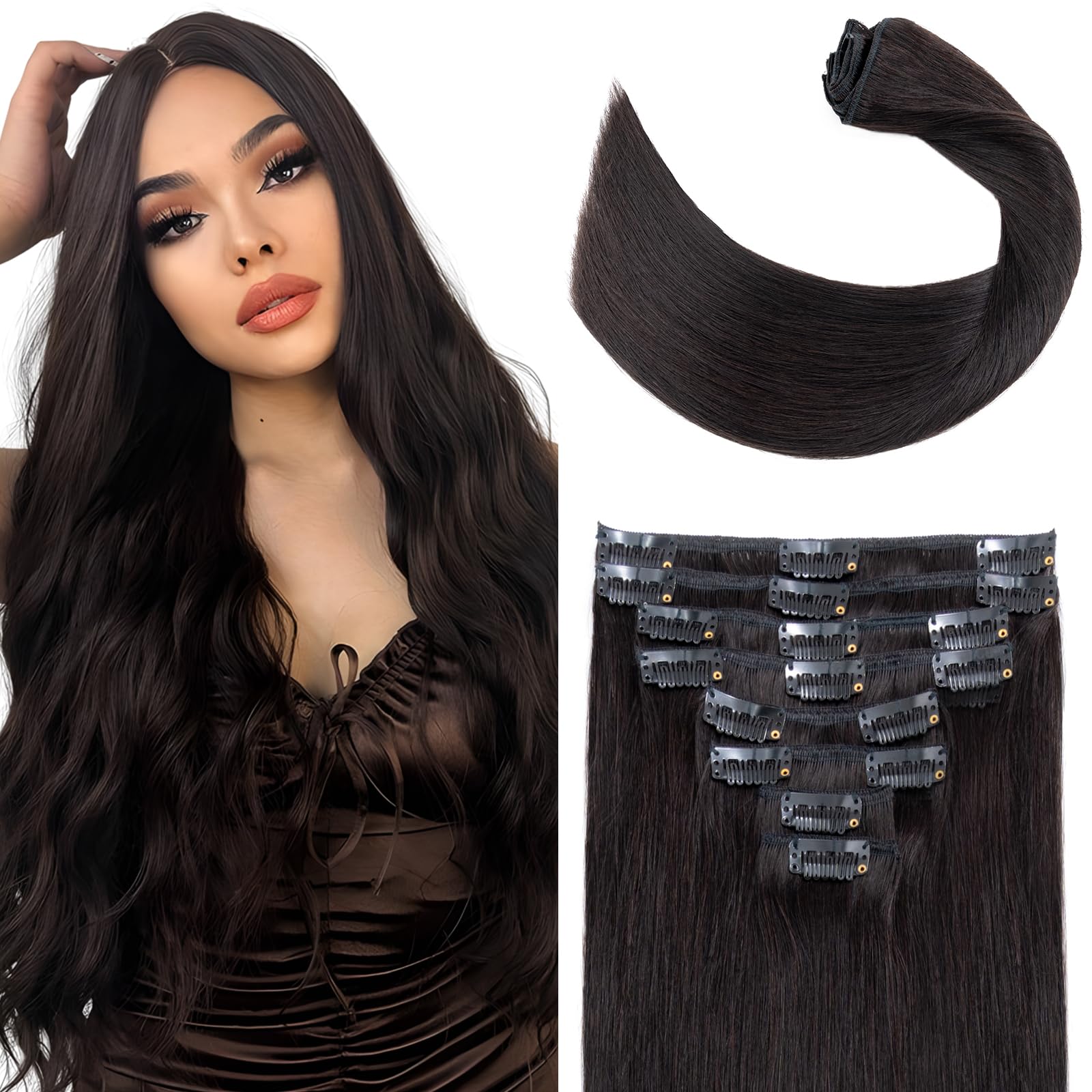 Elailite Clip in Hair Extension Human Hair Full Heal Real Remy Hair Extensions Standard Weft 8 Pieces Straight (10"-75g, #1B Natural Black) — image 1