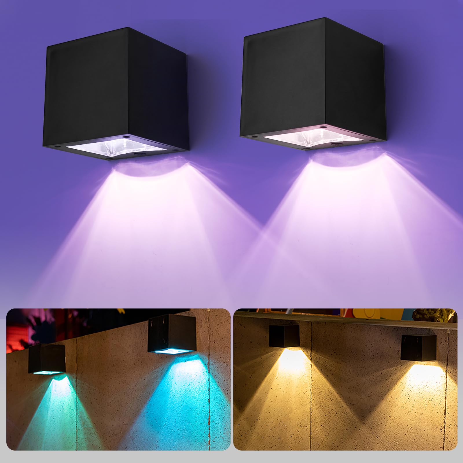 YUNYODA Solar Wall Lights Outdoor, 2 Pack Fence Lights with Warm White & Multi-Color, IP65 Waterproof Solar Lights Outdoor Garden Fence Lighting for Wall, Porch, Garden, Patio, Fence Decor