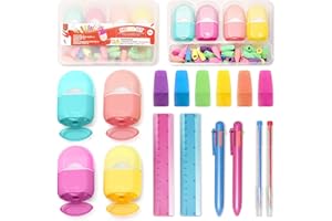 Clock King Pencil Eraser And Sharpener Set, Including 4 Sharpeners, 80 Eraser Caps. This Set Also Has 2 Multicolor Pens, 2 Stackable Pencils, 2 Rulers And 1 Pencil Case As Bonus