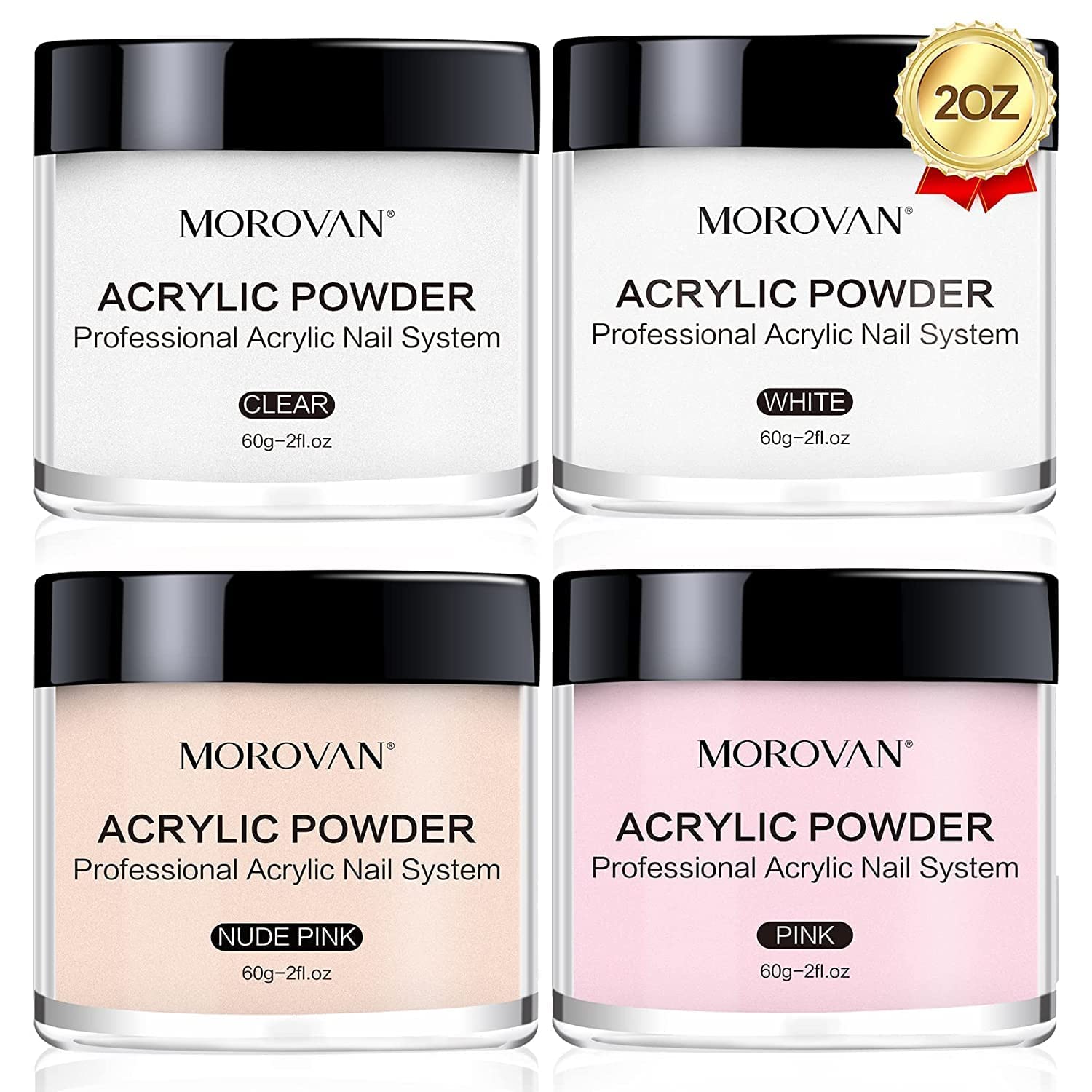 Morovan Acrylic Nail Powder Set: 4 Colors Clear Nude Pink White Acrylic Powder for Nail Extension Carving