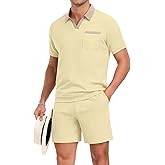 PrinStory Men's Summer Track Suits Waffle Knit Polo Shirt and Shorts Set Casual 2 Pieces Outfits with Pockets