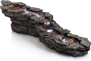 Alpine Corporation TZL240 76" Long Outdoor Tiered Rocky River Stream Water Fountain with LED Lights – Garden Waterfall Feature for Patio, Yard & Backyard Décor, Brown
