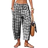 EXLURA Womens Cotton Faux Linen Gingham Barrel Capri Pants Plaid Palazzo Trousers Harem Pants Pockets Summer Beach Vacation