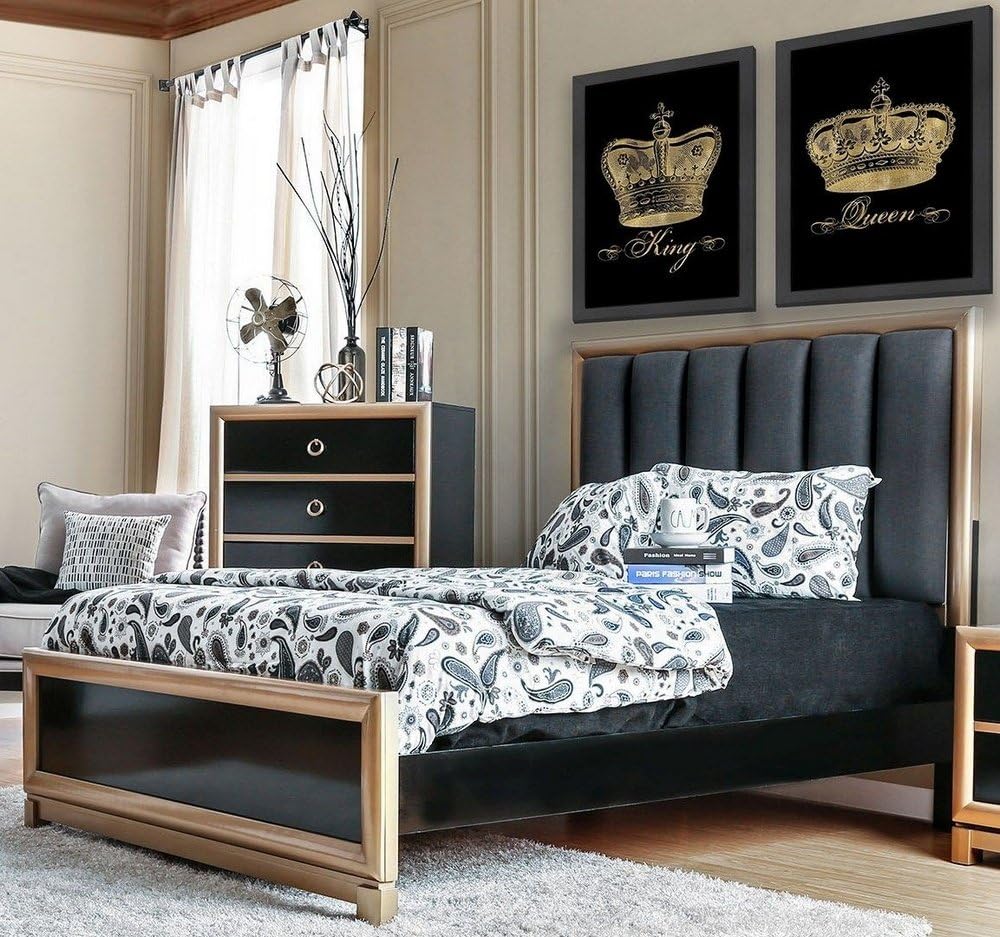 Braunfels Black and Gold Queen Upholstered Panel Bed
