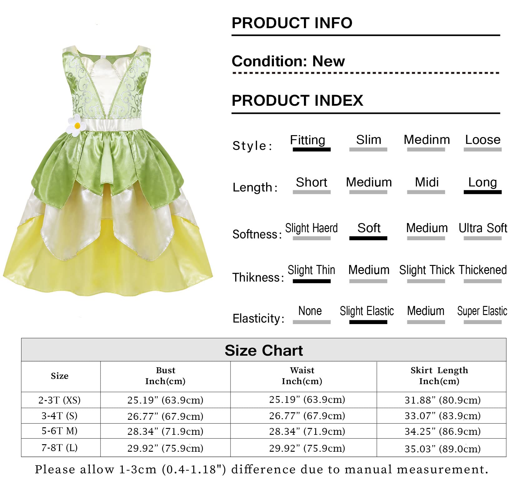 Princess Tiana Costume for Girls Green Frog Dress Kids Dress Up Fancy Halloween Birthday Party Fairy Outfits 3-8T