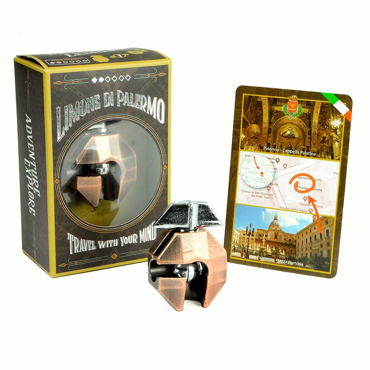 Logica Puzzles Art. Palermo Lemon - Metal Brain Teaser - Difficulty 3/6 Hard - Cast Puzzle - Travellers Collection