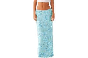 SASTIANAEN Women Y2k Sequin Long Skirt Sparkly Beaded Floral Maxi Skirt Rhinestone Glitter Midi Skirt Streetwear