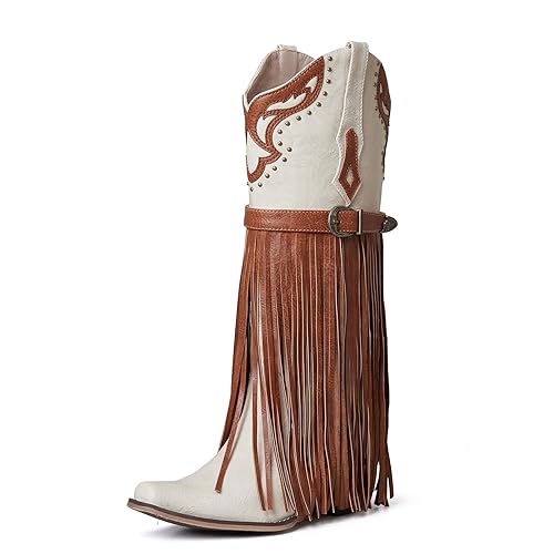 SaraIris Women's Cowboy Boots White Knee High Cowgirl Tassel Boots Fringe Chunky Heel Buckle Strap Pointed Toe Pull On Western Shoes