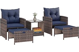 Outsunny 5 Piece Patio Furniture Set, Wicker Patio Chairs with Ottomans, 2-Tier Glass Coffee Table, Cushions, Outdoor Furnitu