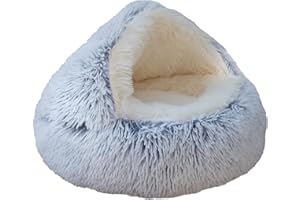 ZaneSun Calming Round Dog Beds &Cat Cave Bed with Hooded Cover,Plush Fluffy Dog Bed Anti-Anxiety Cat Cave Bed,Waterproof Bottom Washable (Grey, 20x20inch)