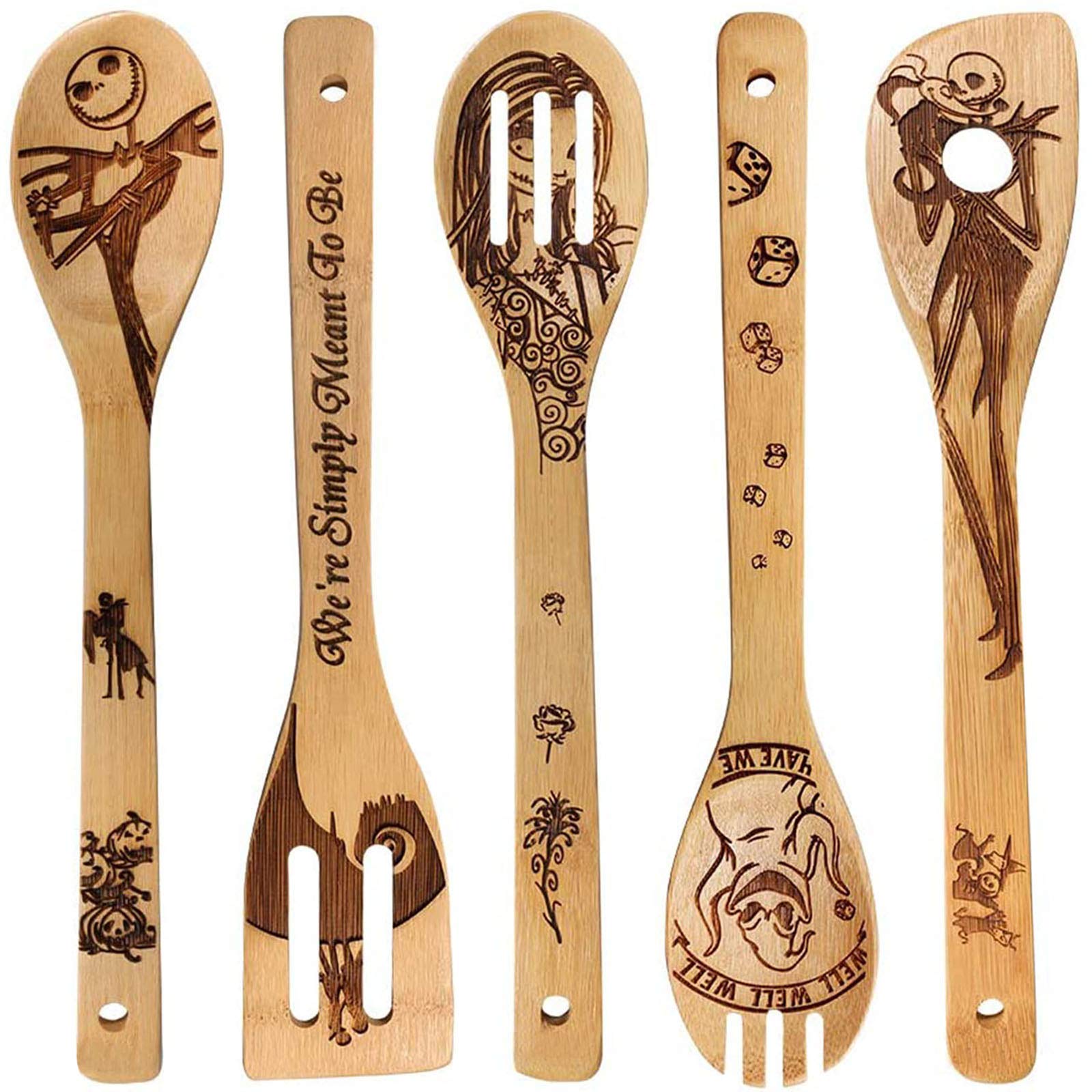 Jack Skellington Gifts - 5 PCS Wooden Spoon Set,Wooden Spatula for Cooking and Baking,Nightmare Before Christmas Gifts,Valentines Gifts for Her,Mothers Day Kitchen Gifts