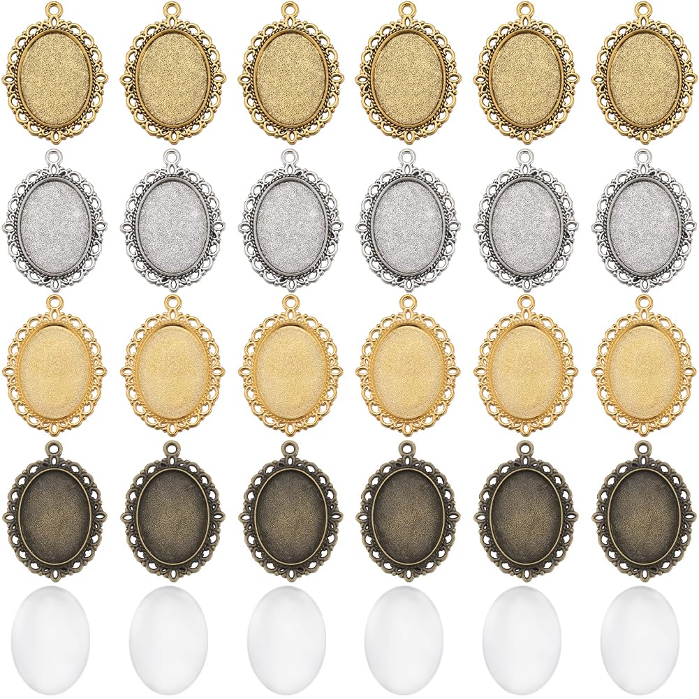 SUNNYCLUE 48Pcs DIY 24Sets Cabochon Bezel Trays Pendant Bezel Blanks Vintage Style Oval Cabochon Bezel Settings Photo Charms Pendant Tray Glass Cabochons for Jewellery Making Charms Grad Cap Tassels
