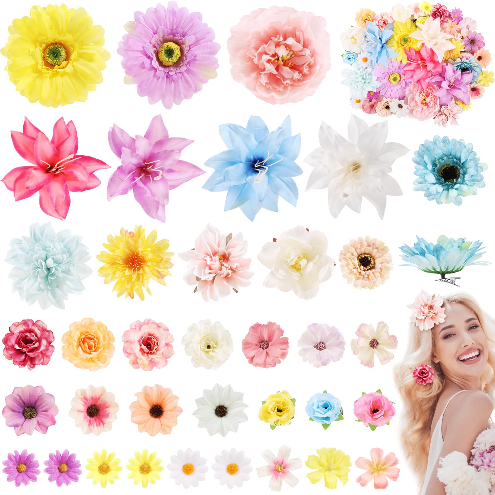 Photo 1 of 36 Pcs Flower Hair Clips for Women Girls Hair Flower Accessories Silk Hair Floral Clips for DIY Wedding Bridal Hairstyles, Baby Shower, Princess Costume Decor