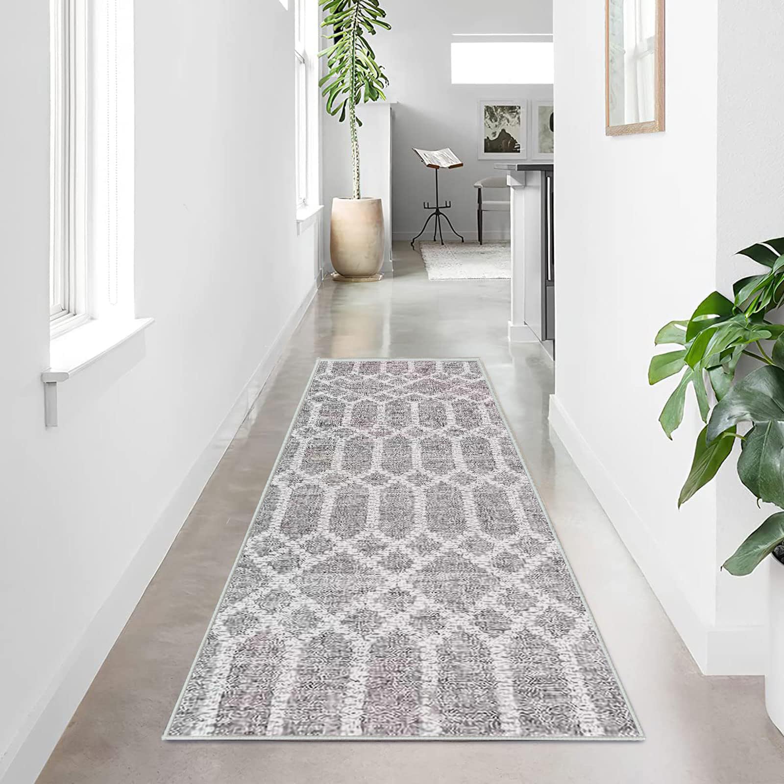 Tinyboy-hbq Carpet Runners for Hallways Non Slip Washable Runner Rugs Long Soft Kitchen runner Grey Hallway Hall Runners for Bedroom Hallways Living Room Kitchen (Boho Grey, 60 x 180 cm)