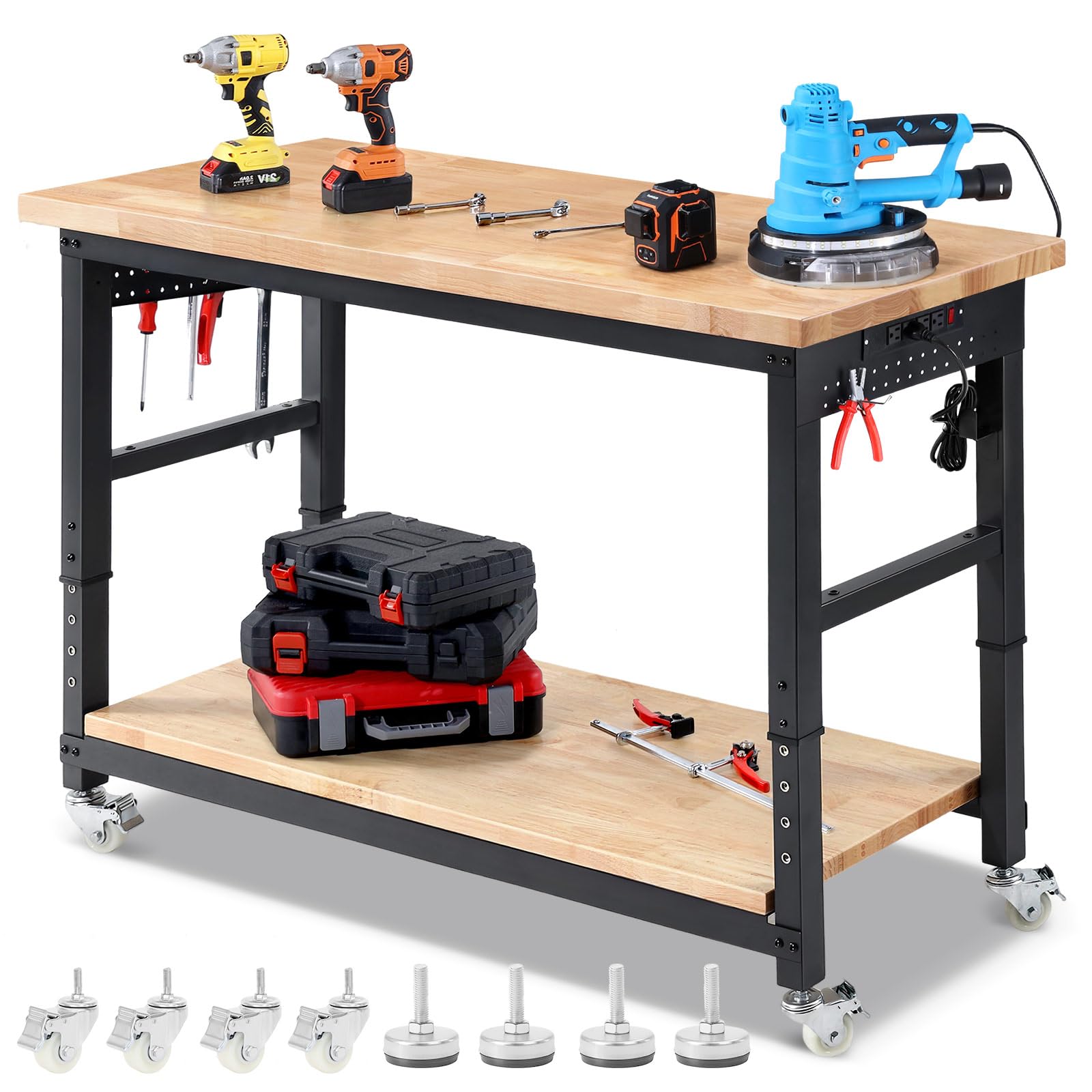Photo 1 of ENJOYWOOD Work Bench for Garage Adjustable Workbenches with Storage 60 Inch Garage Workbench with Under Table Shelf, Pegboard, Power Outlets for Woodworking, Home, Office, Workshop