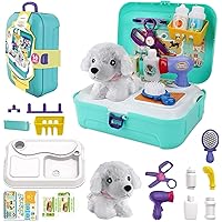 TEUVO Pet Care Play Set Pretend Play Vet Kit for Kids, 16Pcs Doctor Pretend Play Vet Dog Grooming Toys Puppy Dog Carrier Feed