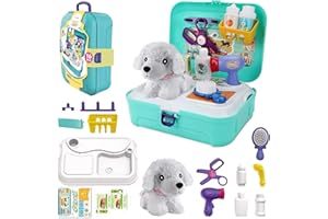 TEUVO Pet Care Play Set Pretend Play Vet Kit for Kids, 16Pcs Doctor Pretend Play Vet Dog Grooming Toys Puppy Dog Carrier Feed