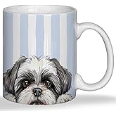 MKIJUHB Shih Tzu Mug, Shih Tzu Gifts for Women Ceramic Coffee Cup With Handle, Dog Lover Mom Dad Gifts, Blue and White Striped Dog Tea Cup, 11 0unce