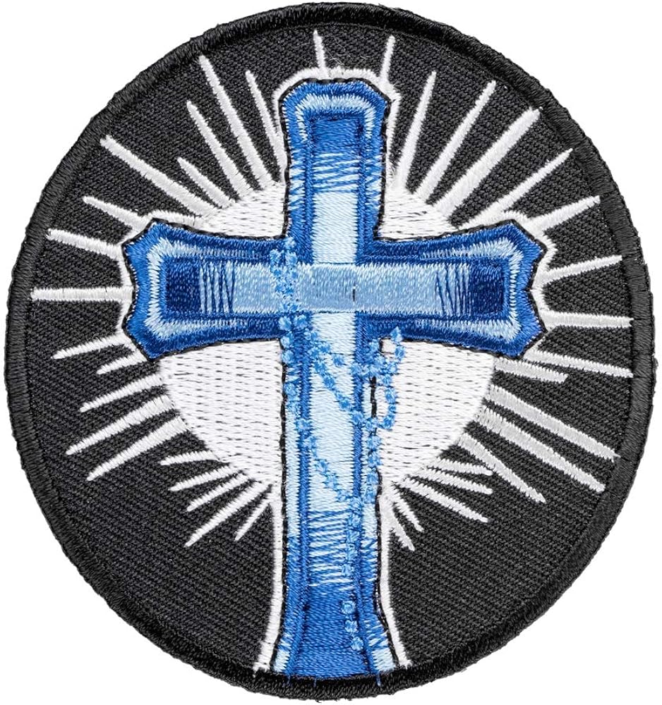 Blue Cross With Rosary Patch, Religious Cross Patches Clothing