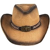 Cowboy Hats for Women, Brown Straw Cowgirl Outfits, Western Wide Brim Sun Hats with Chin Strap