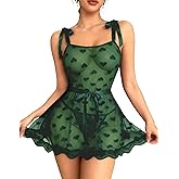 Avidlove Bow Lingerie for Women Heart Mesh Babydoll Lingerie Dress Sexy Sleepwear Lace Chemise with Belt