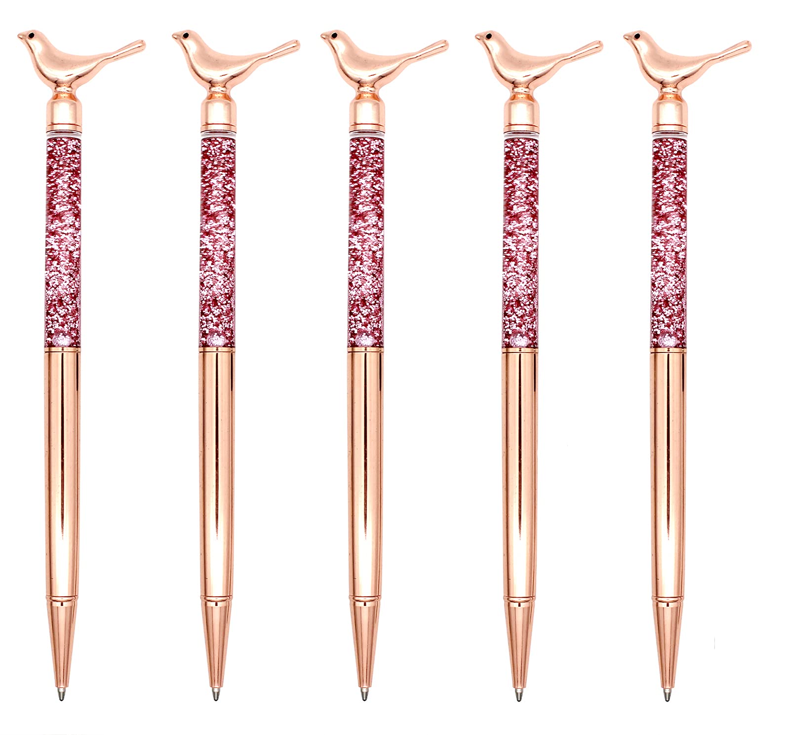 Gullor 5 Pieces Metal Bling Small Bird Retractable Ballpoint Pen for School Office Home Travel Gift Supplies, Rose Gold
