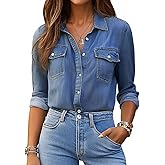 Denim Shirt Women Chambray Jean Western Shirts Long Sleeve Button Down Tops