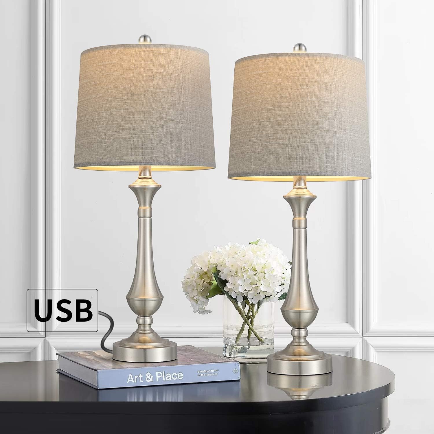 BOBOMOMO USB Table Lamp Set of 2 with Charging Port, Minimalist Modern Eyecaring Bedside Metal