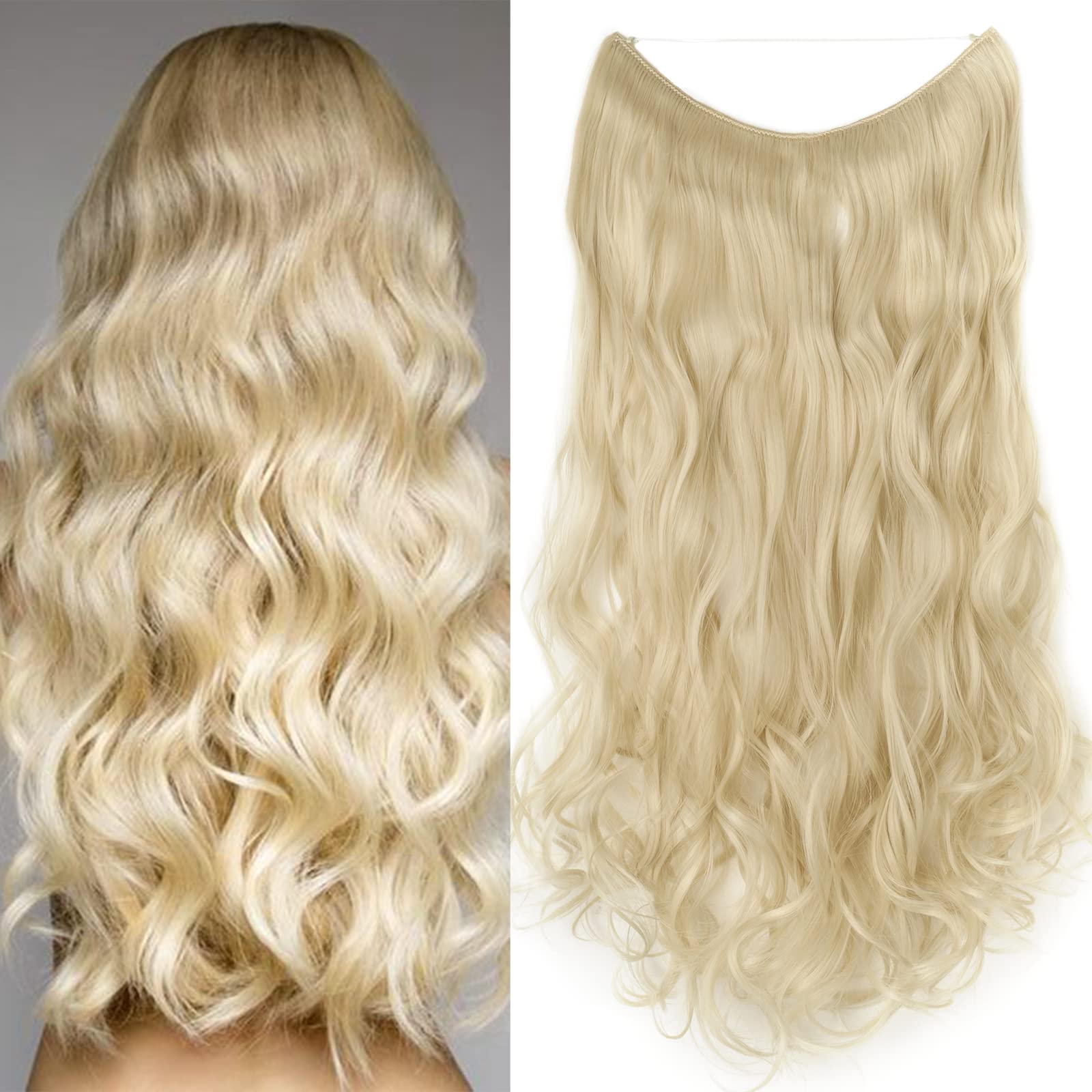 Secret Headband Wire in Natural Hair Extensions Rubber Band Straight Curly Wavy Hairpieces Brown Blonde Ombre for Women 24" Curly - Bleach blonde