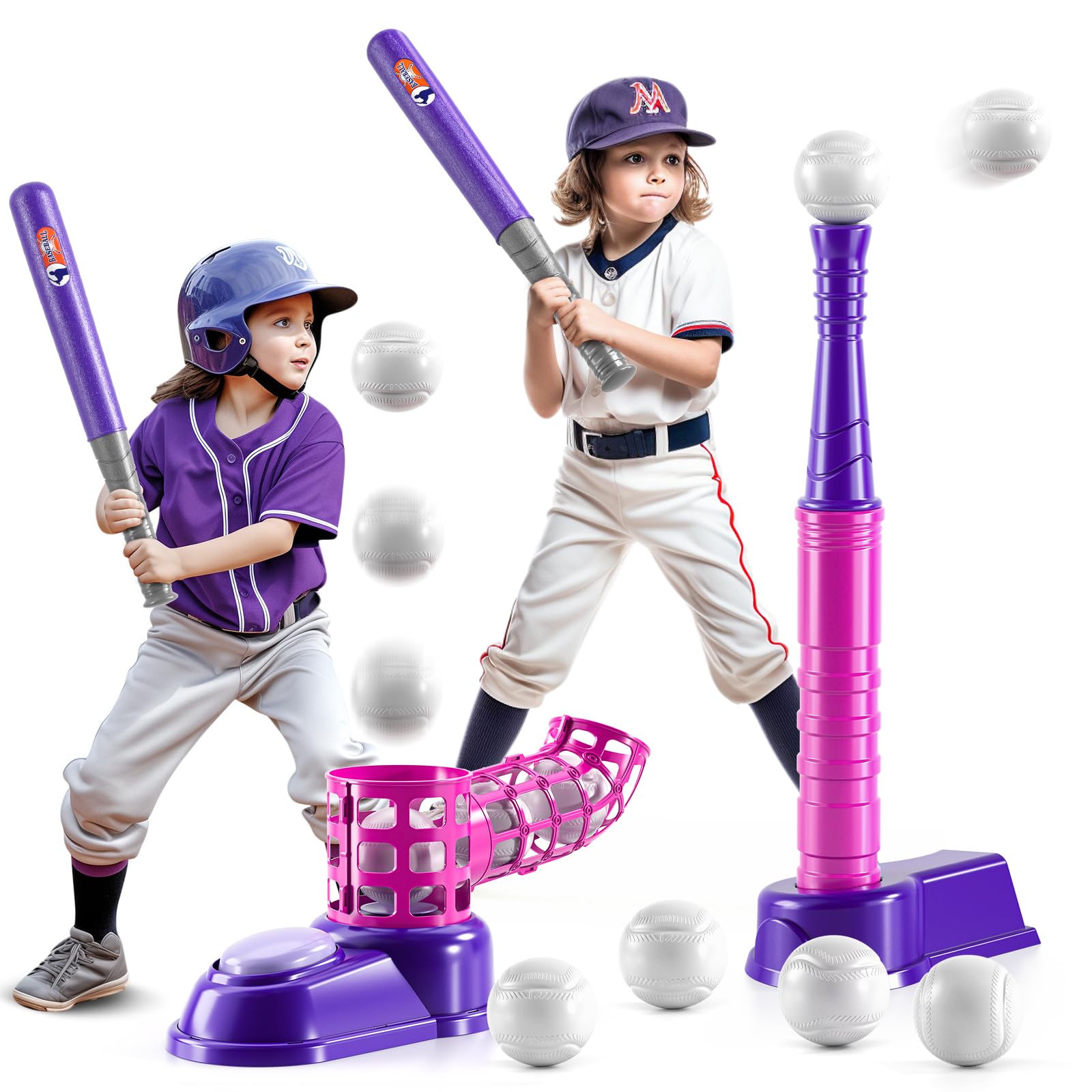 Photo 1 of NIPLOOOW 2 in 1 T Ball Sets for Kids 3-5,Tee Ball Set with 10 Balls,Step on Pitching Machine,Teeball Batting Tee,Baseball Toys Outdoor/Indoor Sport Toys Gift for 3 4 5 6 7 8 Year Old Kids Girls