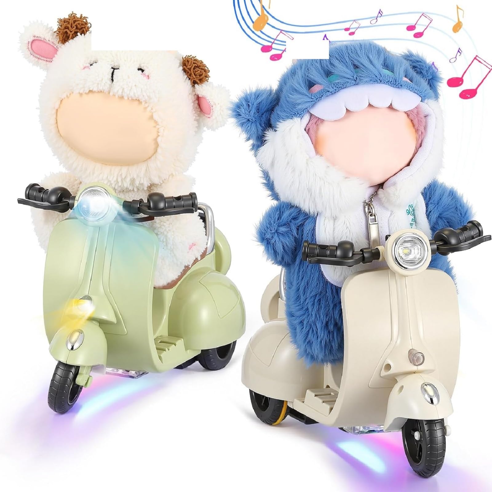 Photo 1 of Simgoing 2 Pcs Doll Scooter Doll Vehicles Mini Electric Scooter Toy with Music & Lights Could Rotate 360° Dolls Accessories Cute Scooters Toy Ornaments Battery Not Included (Cream & Green)
