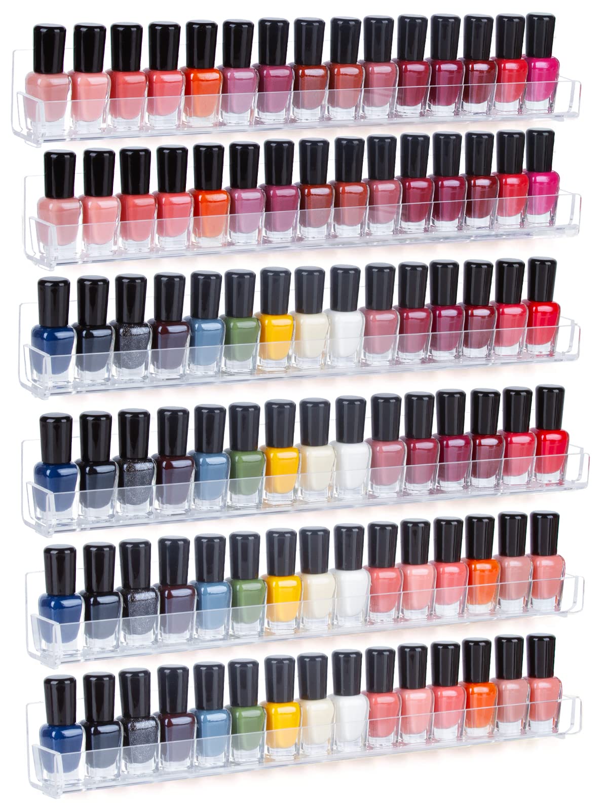 AMEITECH 6 Pack Acrylic Nail Polish Rack, Clear Wall Mounted Shelf Holder 90 Bottles, Nail Polish Organizer and storage with Anti-slip End Inserts, 38 cm — image 1