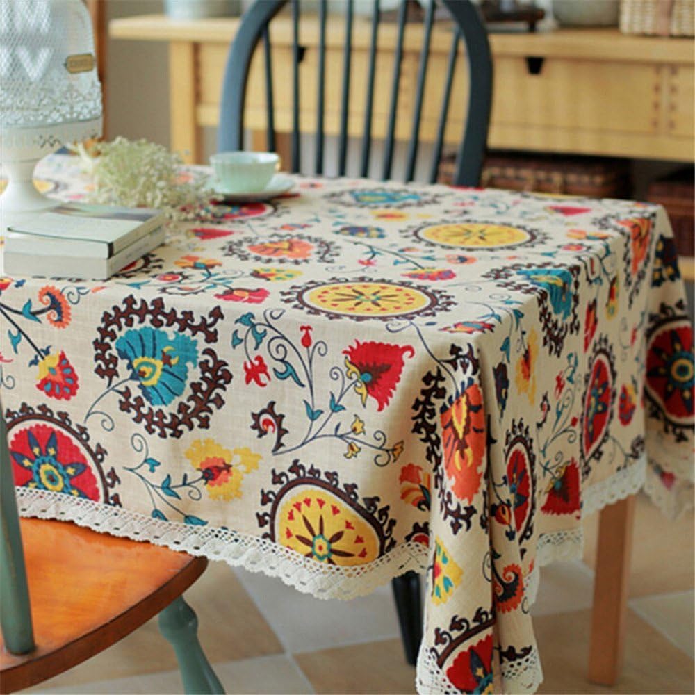 BYCE Vintage Cotton Linen Tablecloths Sun flower Lace Table Cloth Washable Dinner Picnic Table Cover,Several Size,140x220cm (55x87 inch)