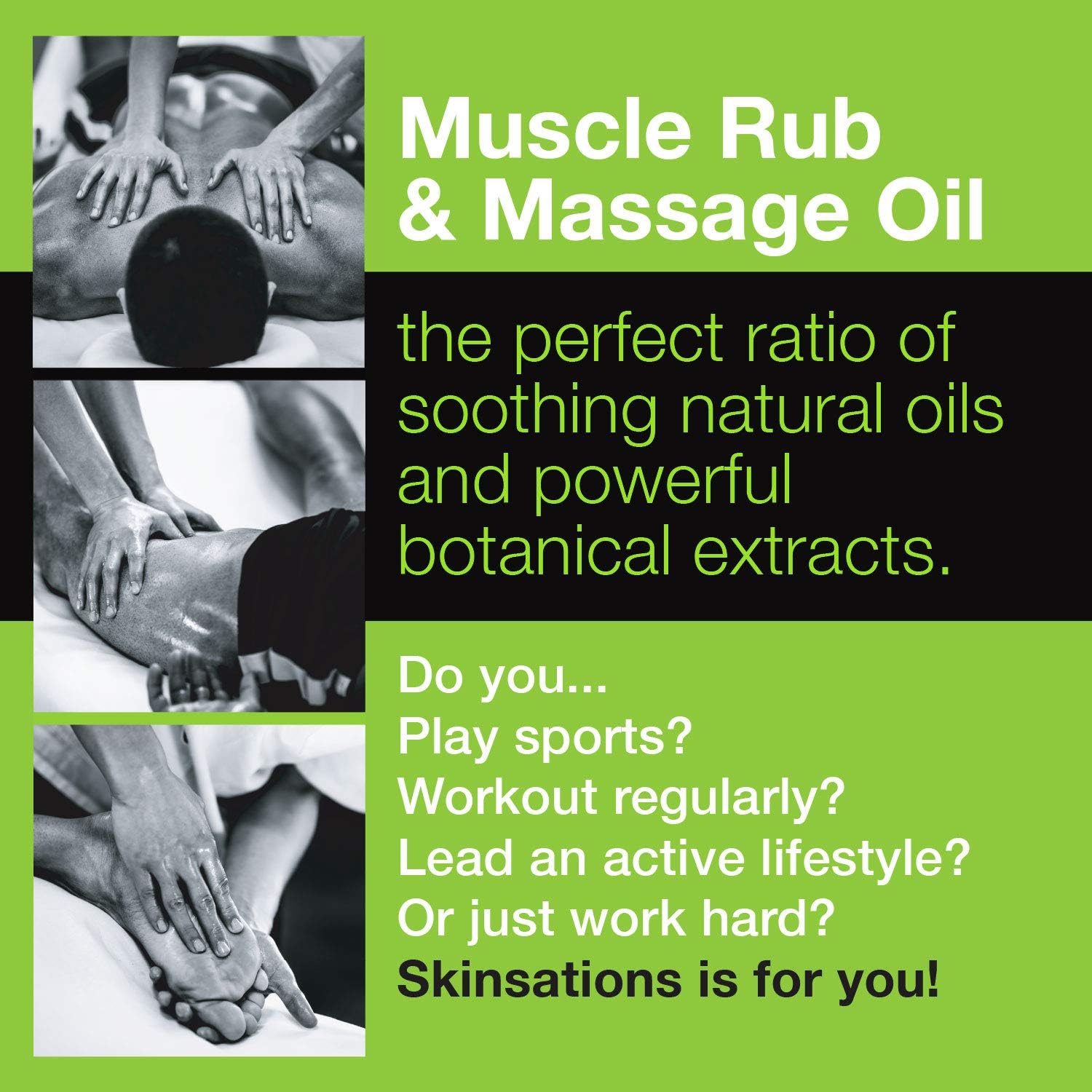 Skinsations – Hemp Oil Muscle Rub & Massage Oil | 100% Organic, Sore Muscle Pain Relief with Arnica Montana, Turmeric, Black Pepper, Peppermint, Lavender in a Sweet Almond Oil and Hemp Seed Oil Base: Health & Personal Care