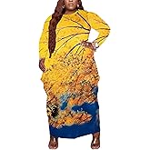 AIIYYQB Women’s Casual Loose Plus Size Maxi Dress Graphic Print Long Sleeve Baggy Long T-Shirt Tunic Dress with Pockets