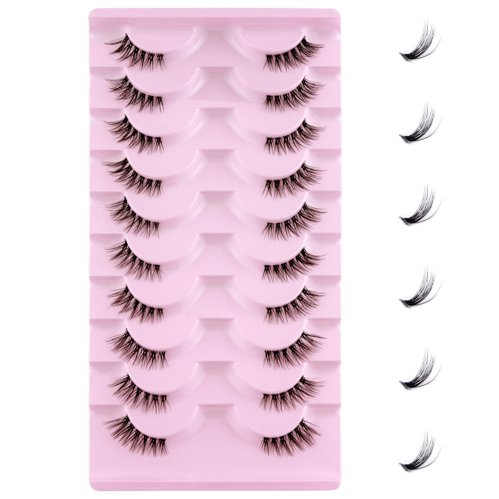 Leipple Half Lashes Natural Look Cat Eye False Eyelashes Wispy Fluffy Clear Band Fake Lashes Soft Reusable 10 Pairs Pack (1001)