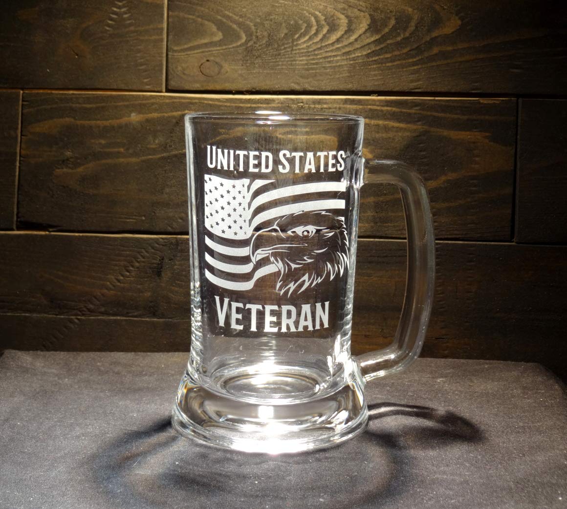 Amazon Com United States Veteran Mug Etched Glass Beer Mug Eagle And Waving Flag Design Handmade