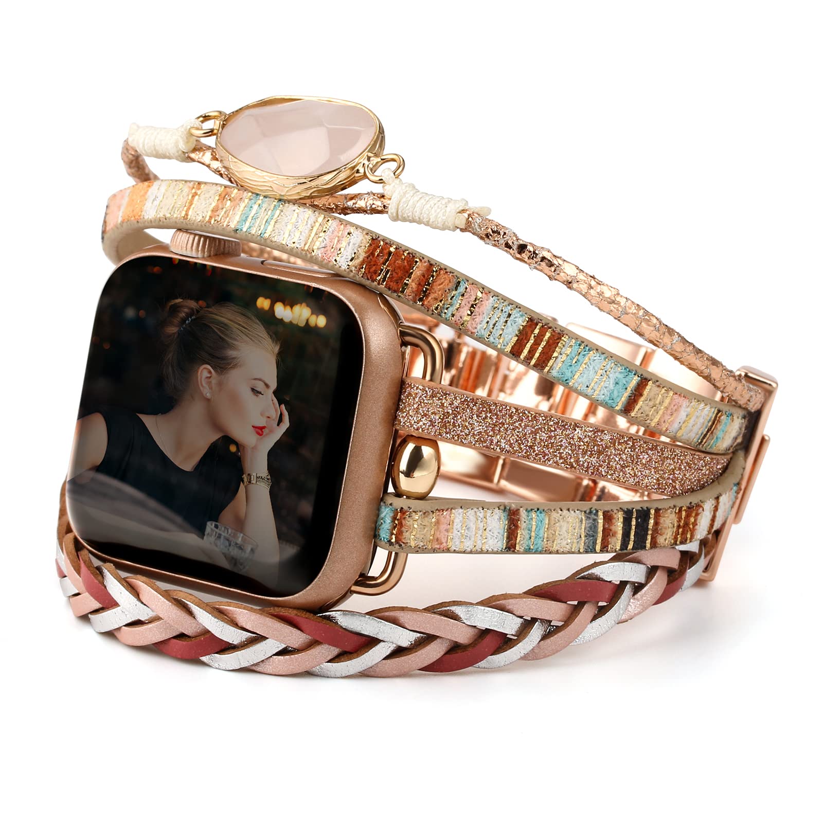 CHARMINGO Boho Leather Bracelet Compatible with Apple Watch Bands for Women Men 38mm 40mm 41mm - Multilayer Wrap Dressy Apple Watch Strap for Cute Iwatch Band Series 11 10 9 8 7 6 5 4 SE 3 Ultra 3 2 1 — image 1