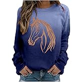Hnodov Vintage Horse Print Sweatshirts for Women Riding Horse Lover Long Sleeve Crew Neck Pullover Tops Casual Loose Shirts