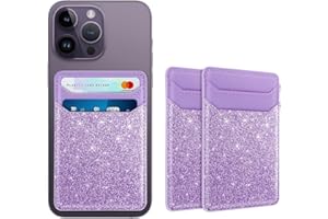 Yiyahu 2 Pack Adhesive Phone Card Holders, Cell Phone Card Wallets Sleeves Stick On, Credit Card Holders Pouch for Back of iPhone, Android and All Smartphones, Glitter Purple