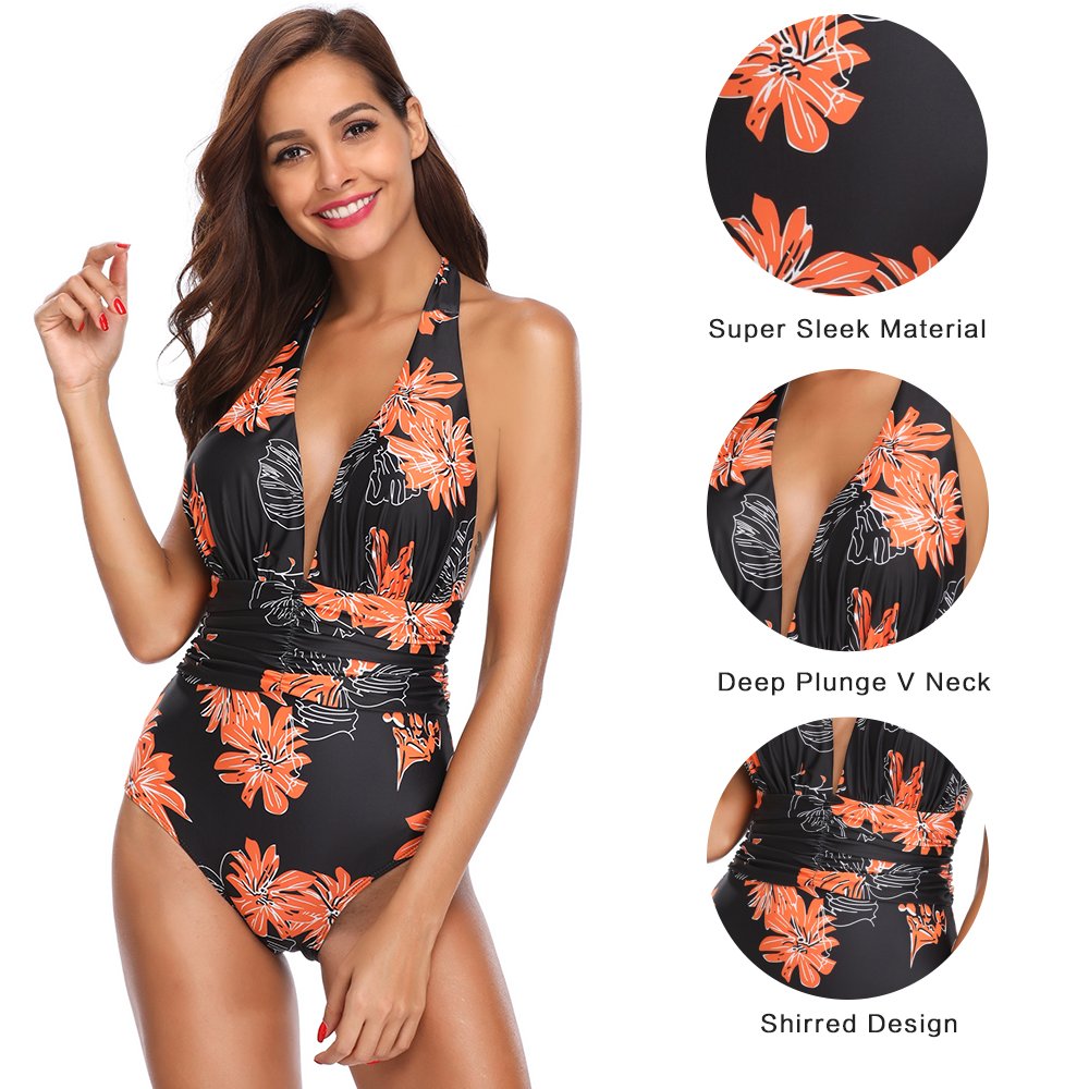MarinaVida Women V Neck One Piece Swimsuit Halter Bathing Suits