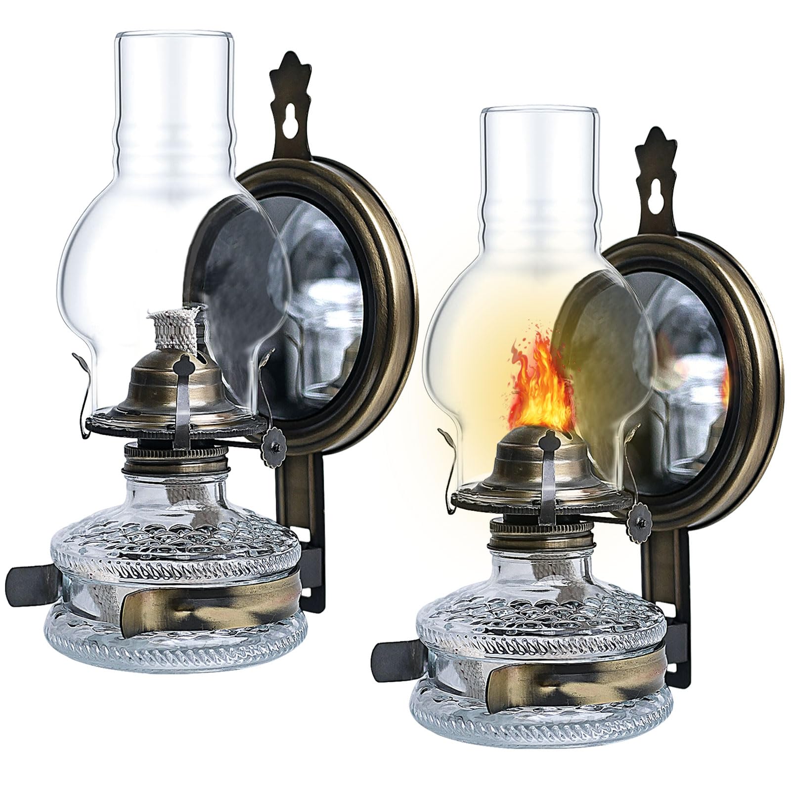 Photo 1 of 2 Pc Large Rustic Kerosene Lamp Lantern Chamber Antique Bronze Wall Oil Lamps for Indoor Use Home Decor Lighting Vintage Glass Clear Wall Mounted Kerosene Lamps 11 Inch Height