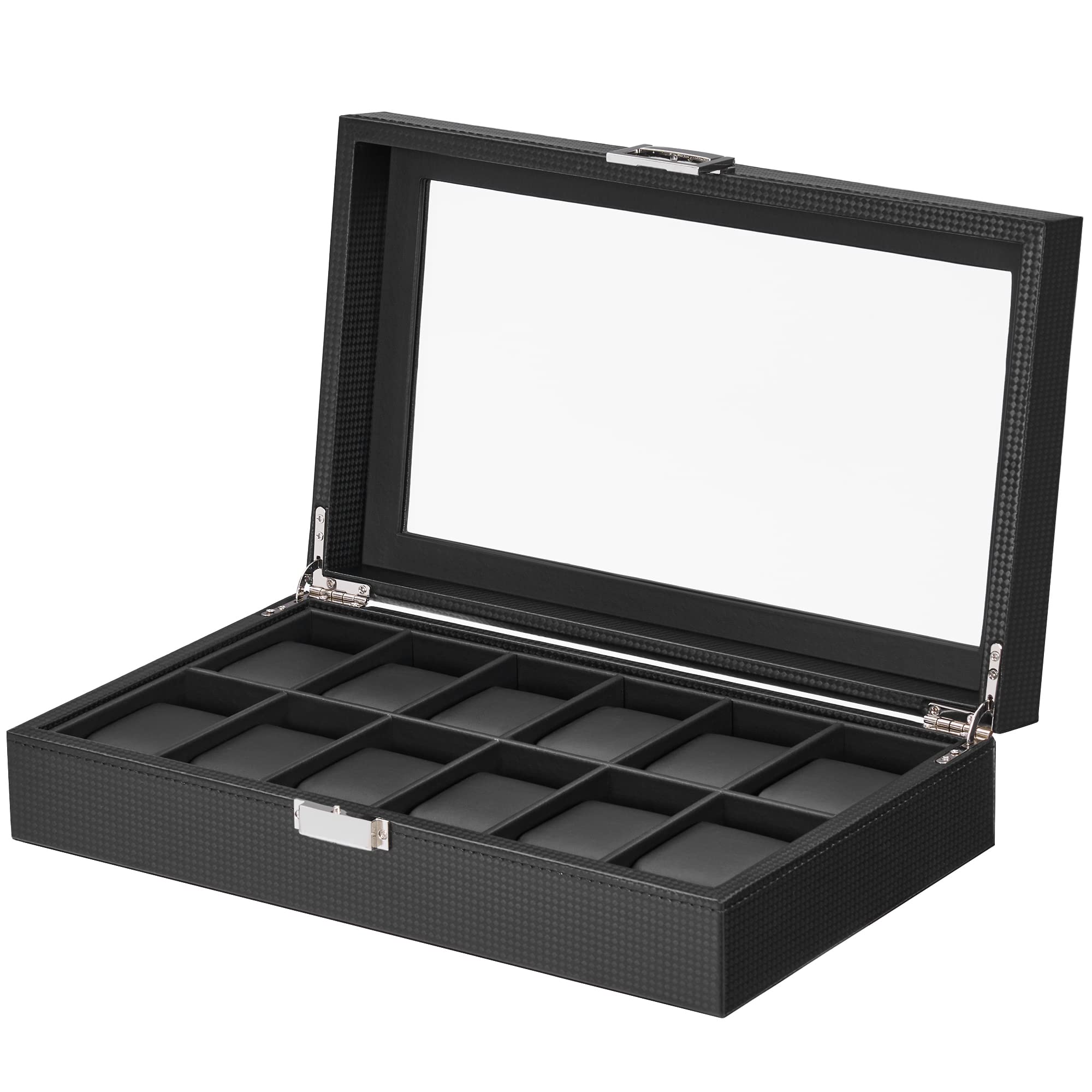BEWISHOME Watch Case, 12-Slot Watch Box with Large Glass Lid, Watch Case for Men Watch Box Organizer, Mens Jewelry Box Removable Watch Pillows, Black Synthetic Leather, SSH08C