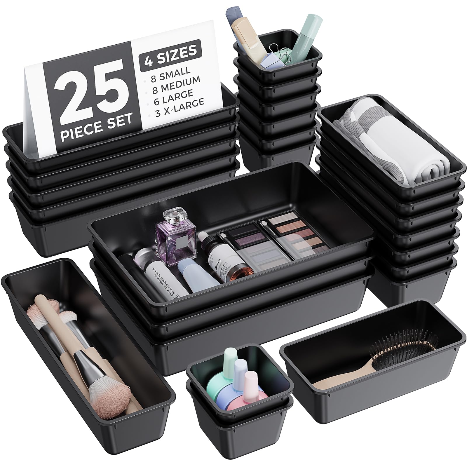 Photo 1 of BiuLeon 25 PCS Plastic Drawer Organizers Set, 4-Sizes Vanity and Makeup Organizer, Desk and bathroom Drawer Organizer Trays, Organizers and Storage for Makeup, Jewelry, Gadgets, Utensils (Black)